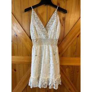 Cider White Lined Tassel Tie Front Lace Mini Dress Size Small NWT (5063)